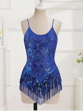 Royal Blue Sequin Fringe Dance Leotard M